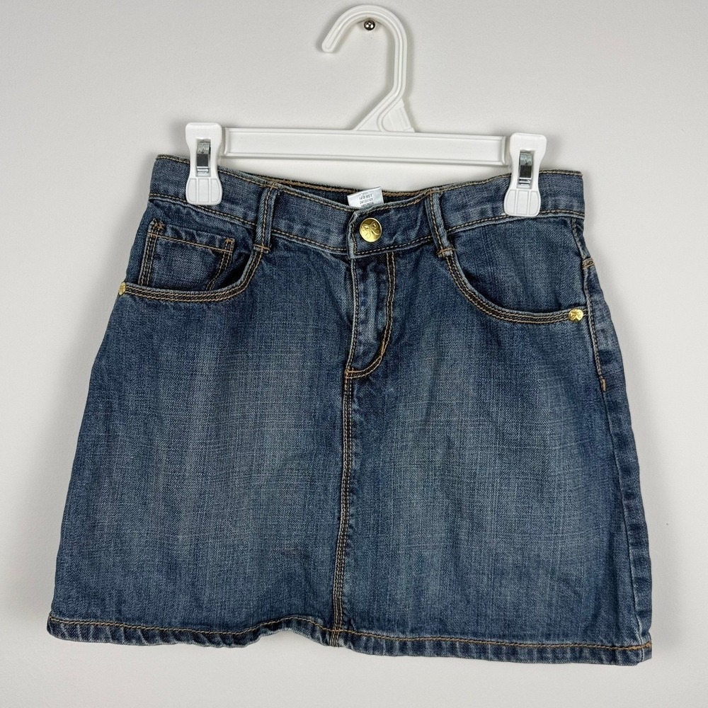 ✨3 for $15 Gymboree Girls Medium Wash Denim Mini Skirt Gold Bow Button Size 10